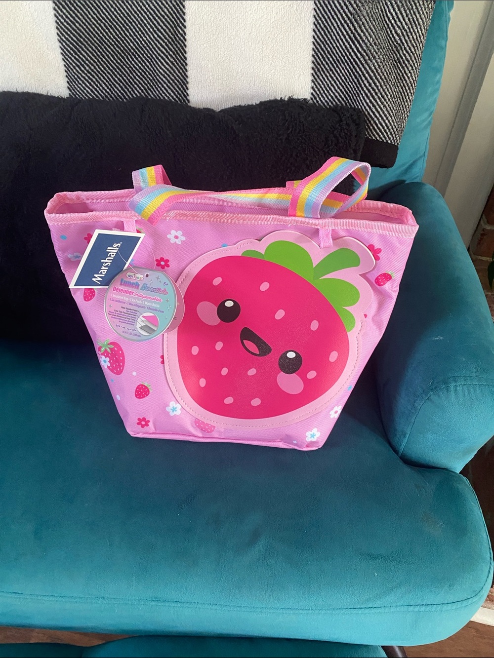 Pink Kids Strawberry Lunchbox with Rainbow Handles and Cute Face